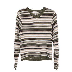 VTG Striped Sweater S Green Trim Cream Preppy VNeck 90s Classic Basic Old Money